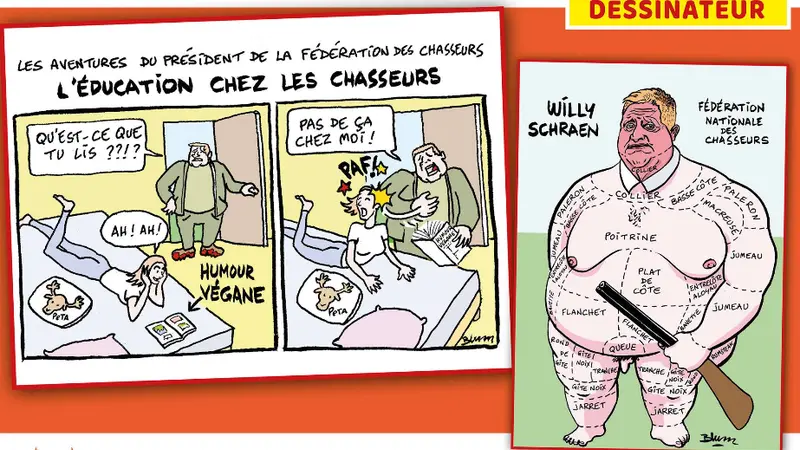 Un dessinateur vegan dessine W. Schraen comme un animal et quelqu’un de violent