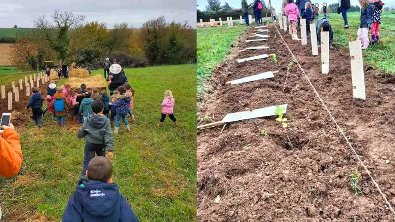 des élèves de maternelle plantent des haies avec les chasseurs
