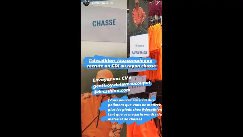 Pierre Rigaux appelle à inonder d’e-mail anti-chasse la messagerie d’un recruteur chasse de chez décathlon