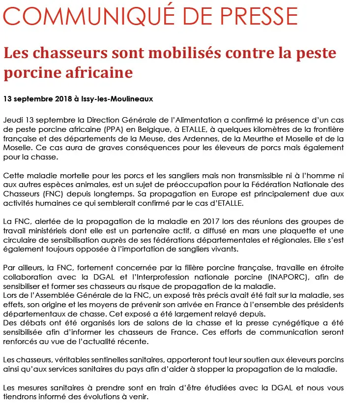 Peste Porcine Africaine, la FNC communique d'un premier cas en Belgique Peste Porcine Africaine, la FNC communique d'un premier cas en Belgique