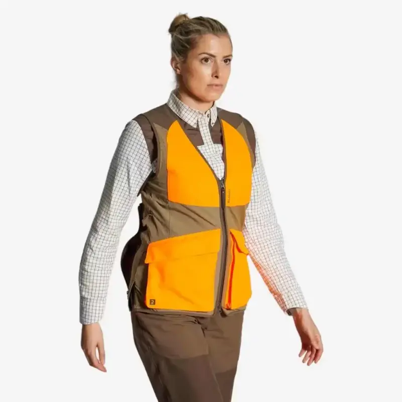 Gilet chasse femme 500 léger respirant marron/fluo