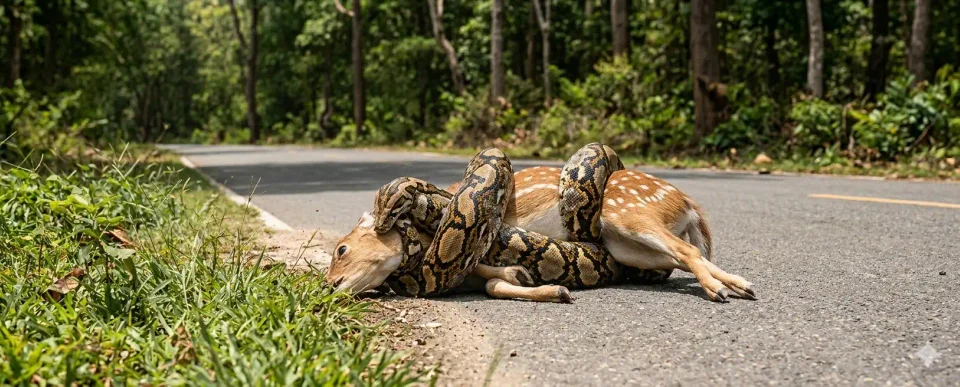 Scène rare : un boa capture un cervidé en plein sur une route (vidéo)