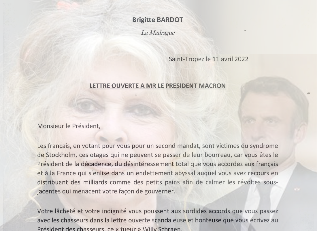 Brigitte Bardot : Une lettre au Président de la République dans laquelle elle s’en prend à Willy Schraen