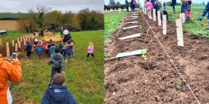 des élèves de maternelle plantent des haies avec les chasseurs